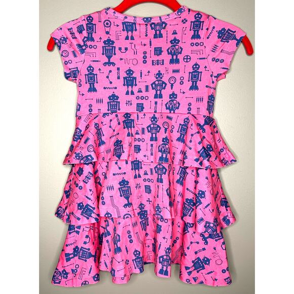 Piccolina Dress Pink Purple Robot SS Tiered Rolled Sleeve 100% Cotton Size 4T - Picture 6 of 8